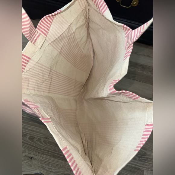 SEZANE Striped Cotton Tote Bag Large Canvas Natural Pink Double Handle - Picture 3 of 6